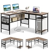 Giantex L Shaped Desk with Power Outlets &amp; USB Ports, Reversible Corner Computer Desk with Mesh S...