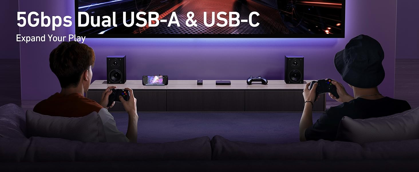 Text reads '5Gbps Dual USB-A &amp; USB-C'. Digital display showing connectivity options with purple background lighting effects.