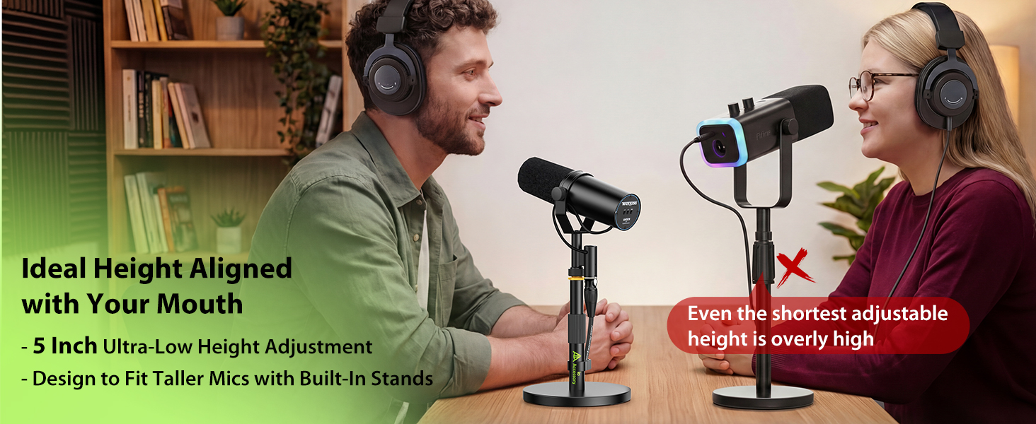 Text reads 'Ideal Height Aligned' and 'with Your Mouth'. Promotional image showing microphone setup with height adjustment features and built-in stands for optimal positioning during use.