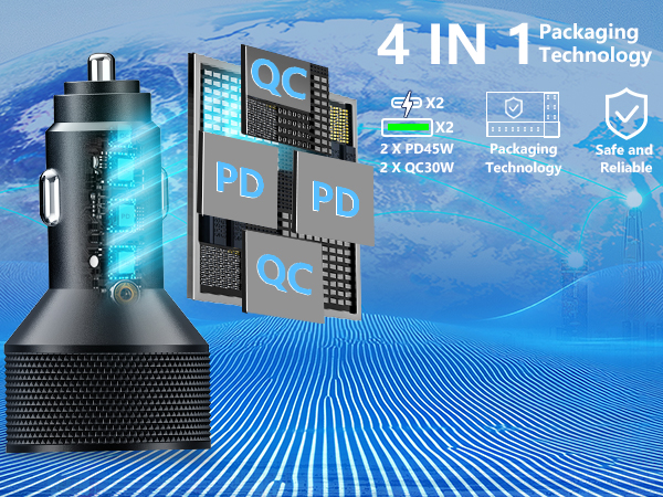 Text reads: '4 IN 1 Packaging Technology, QC'. Marketing image showing car charger with blue glow effect and QC chip diagrams against digital grid background.