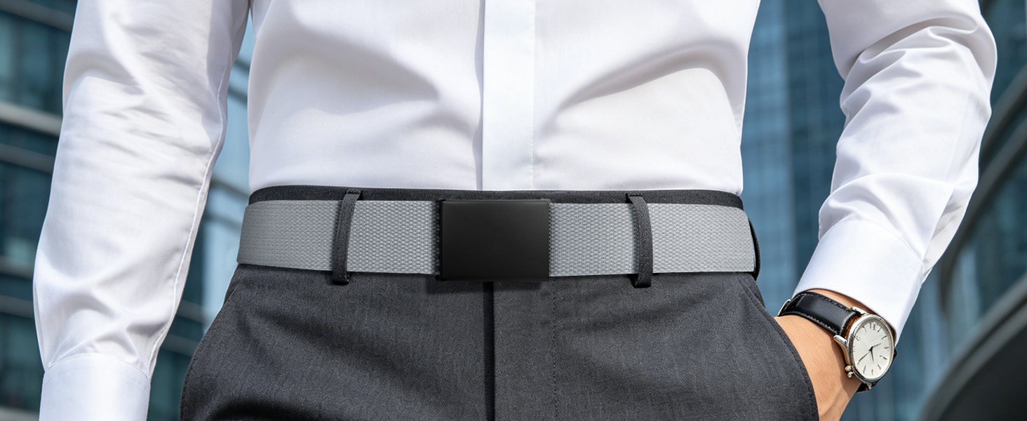 Person wearing black waist belt with gray stitching over white dress shirt and gray trousers, demonstrating belt styling and secure buckle closure detail on torso.