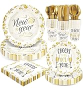 Fighting to Achieve 168pcs Happy New Year Party Supplies, White and Gold Paper Plates Napkins Cup...