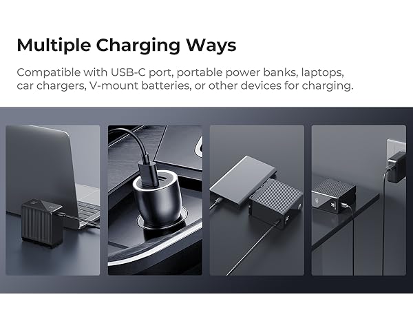 Close-up shots of multiple USB ports and charging interfaces in dark metallic finish, demonstrating various connection options.