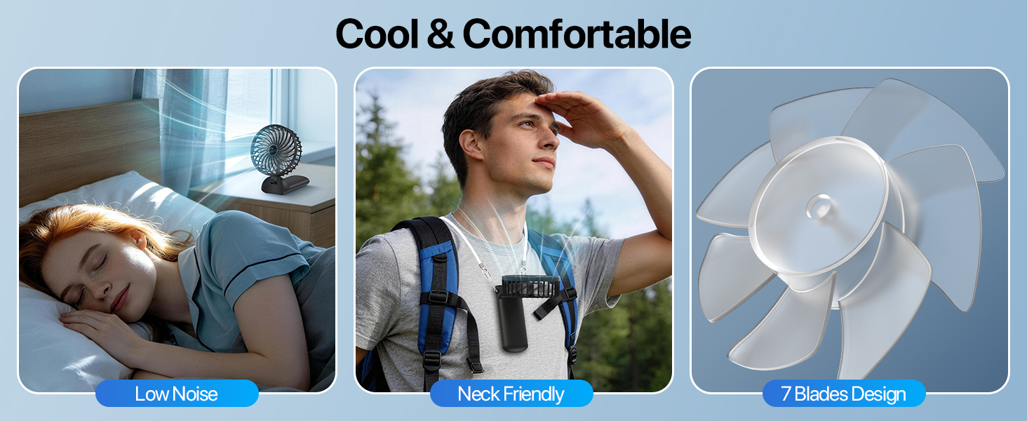 Text reads 'Cool &amp; Comfortable' with three product benefit panels showing: person sleeping comfortably, man in outdoor activity, white ventilated container/device.