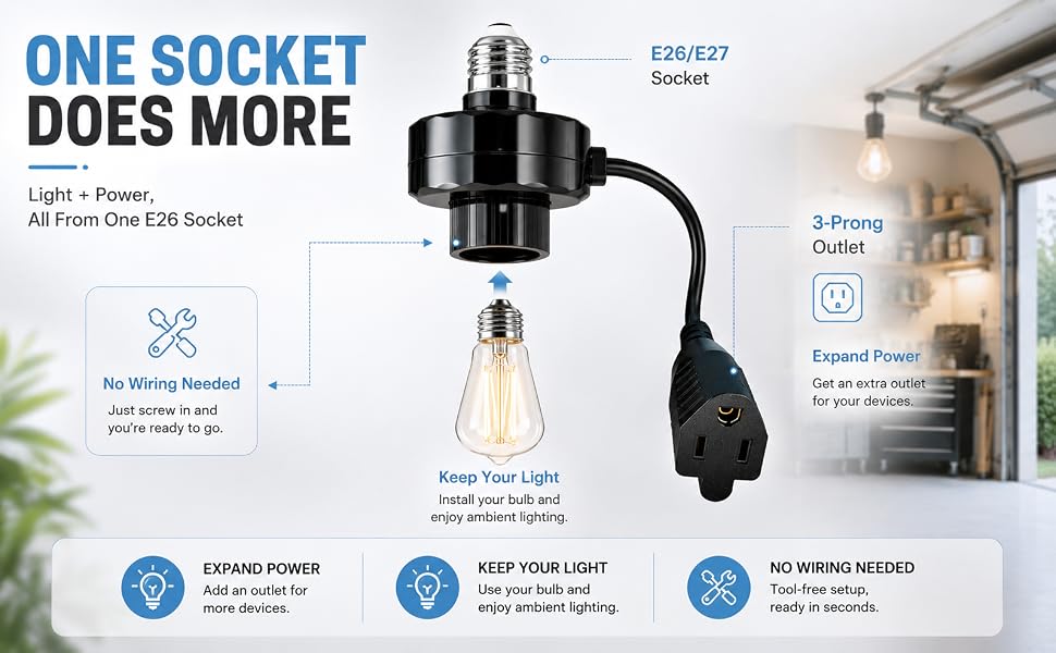 Convert Bulb Socket to 3 Prong Outlet with 7 Inch Extension Cord