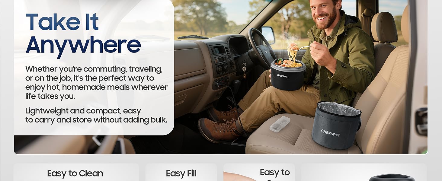 Man eating hot lunch from electric lunch box inside car using 12V portable food warmer