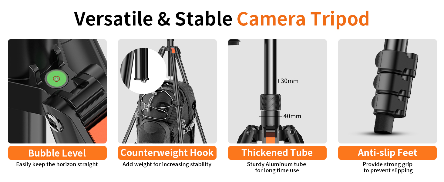 Text reads 'Versatile &amp; Stable Camera Tripod'. Product demonstration showing multiple configurations and height adjustments of a black camera tripod system.