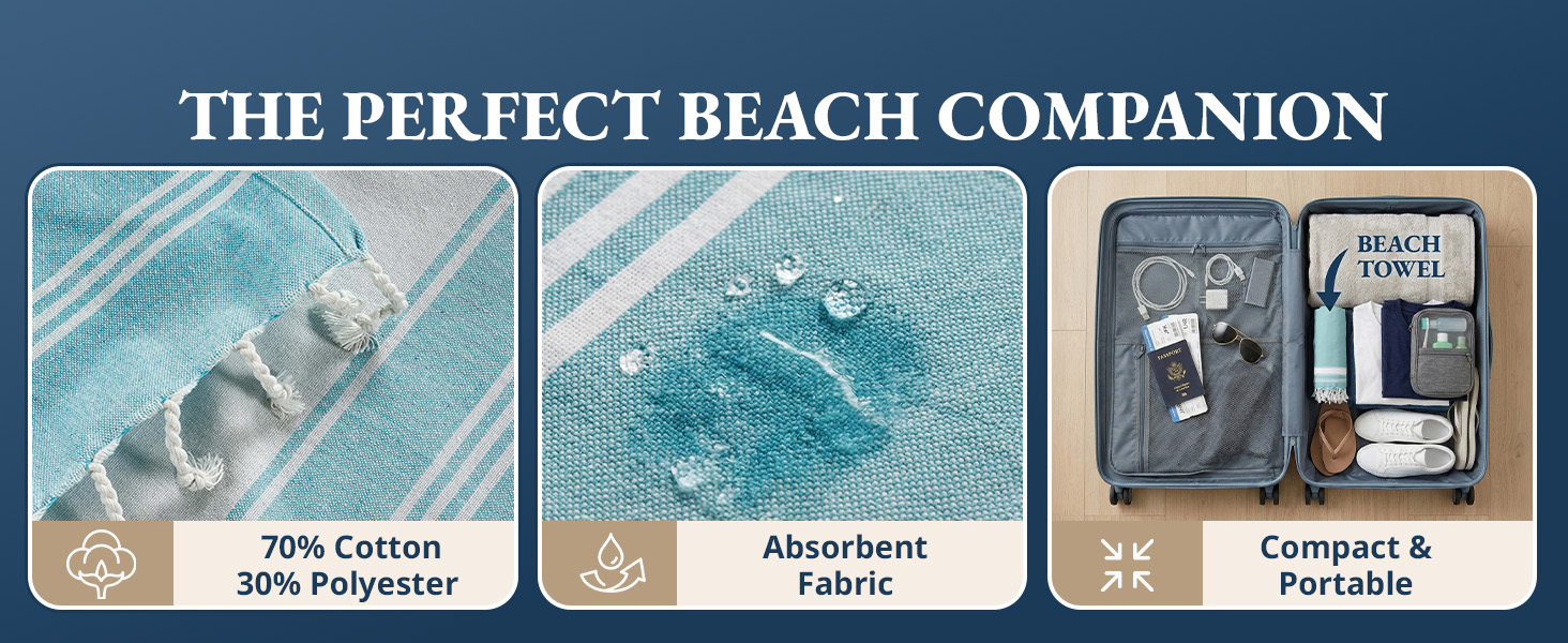 Lane Linen Beach Towels are absorbent, compact &amp;amp; portable, 70% cotton and 30% Polyester.