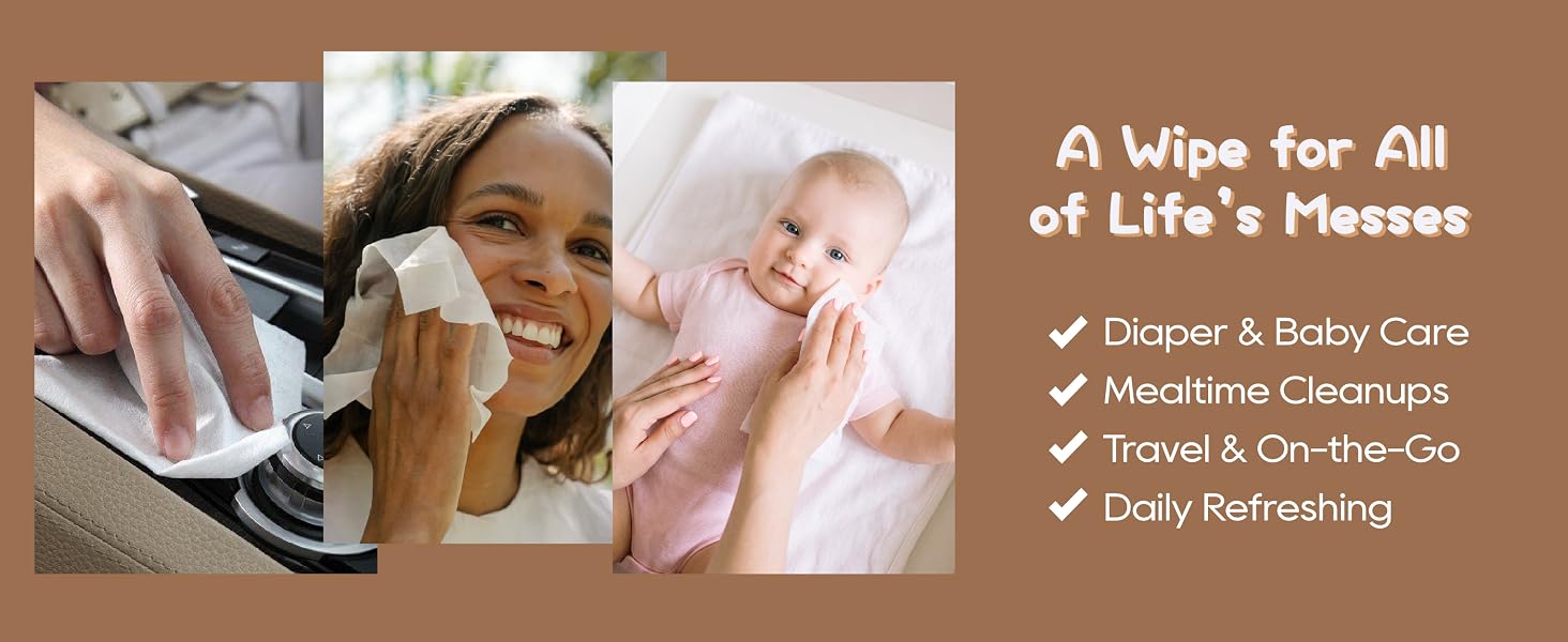 All-purpose bamboo baby wipes for travel, diaper changes, and mealtime cleanups on-the-go.
