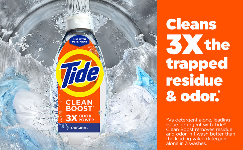 Cleans 3x the trapped residue &amp; odor* Vs detergent alone, leading value detergent w Tide Clean Boost