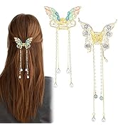 2 Pcs Gold Butterfly Tassel Hair Claw Clips Rhinestone Pearl Hair Claw Clamps Crystal Metal Hair ...