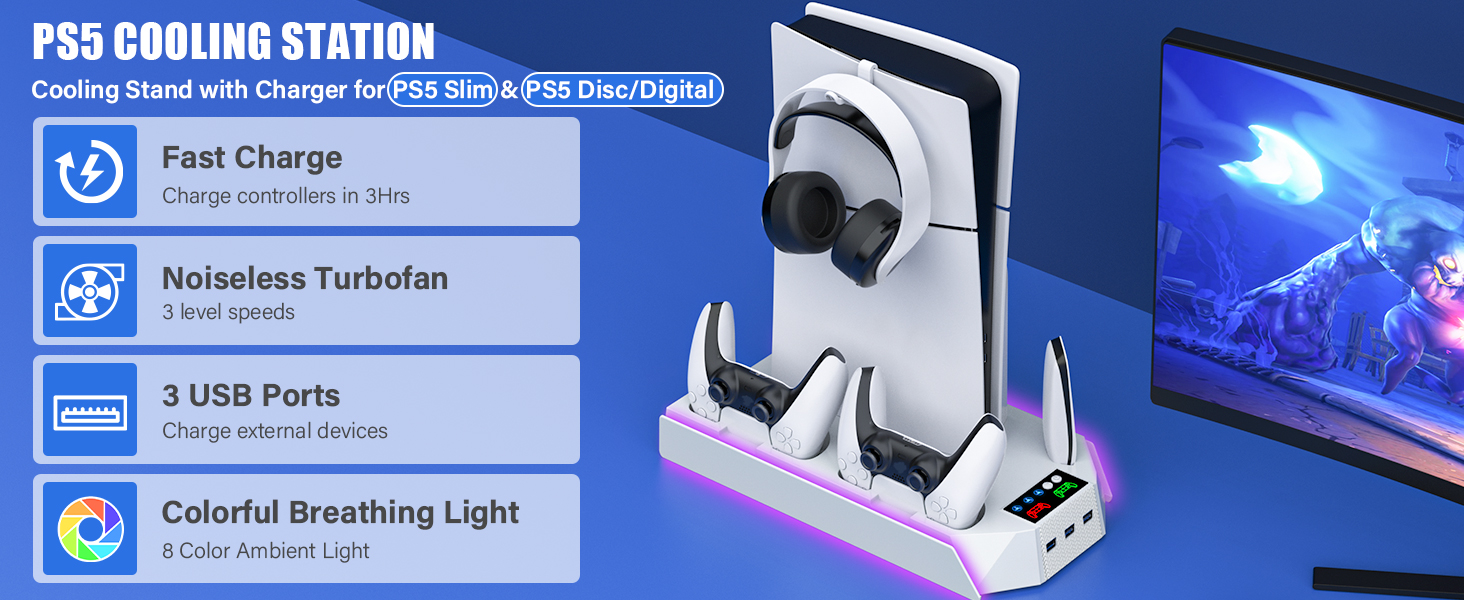 PS5 Slim Stand and Cooling Station with Dual Controller Charging Station for PlayStation 5 Console
