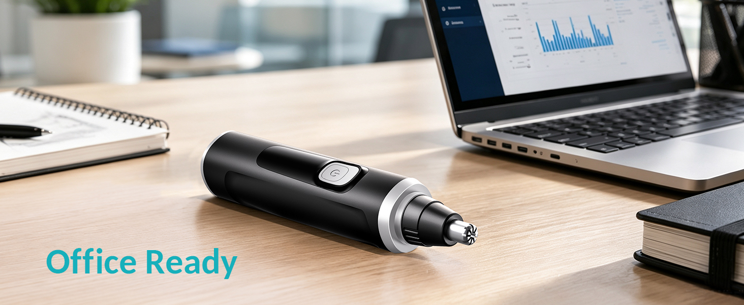 Text reads "Office Ready". Black cylindrical pen with clip on wooden desk beside laptop and office supplies.