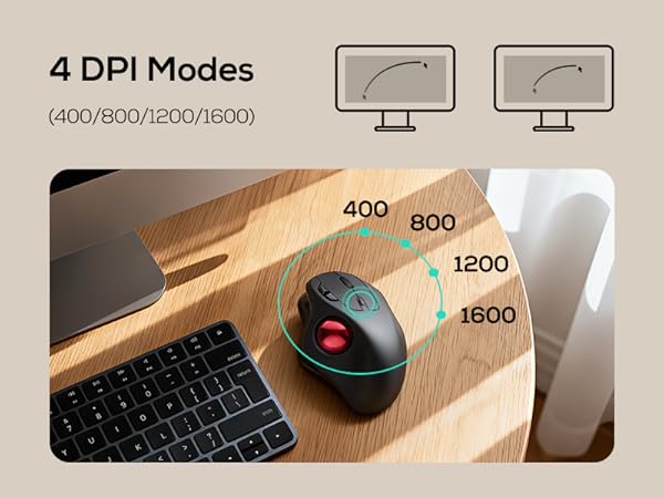 Text shows '4 DPI Modes' with numbers '400, 800, 1200, 1600'. Desktop setup showing wireless mouse and keyboard on wooden surface with DPI adjustment interface display.