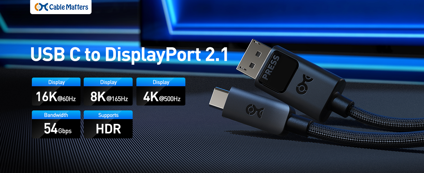 Cable Matters USB-C to DisplayPort 2.1 cable DP54 UHBR13.5 54Gbps for 8K@165Hz