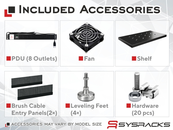 Server rack accessories displayed - PDU, FAN,vented steel shelf, leveling feet, hardware