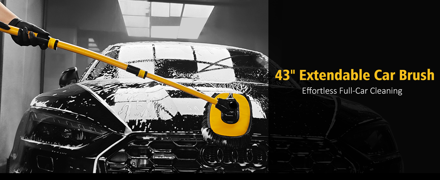 Extendable car brush with 43-inch reach, featuring yellow and black design. Shown in use cleaning a vehicle's windshield, demonstrating its effectiveness for full-car cleaning.