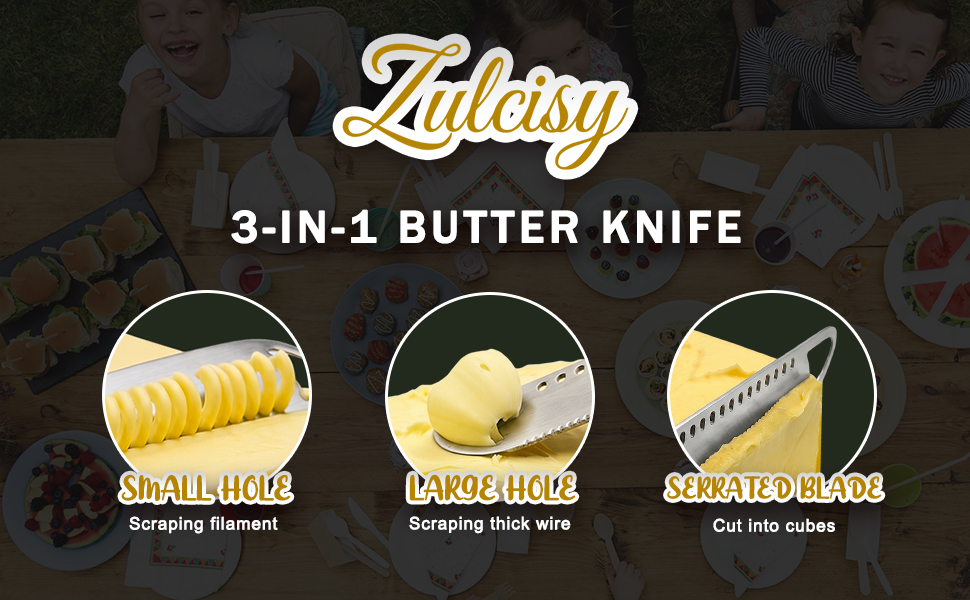 Zulcisy 3-in-1 butter knife with holes in blade: small hole, large hole and serrated edge.
