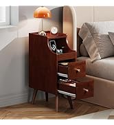 WLIVE Small Nightstand with Drawers, Narrow Bedside Tables with Open Shelf &amp; Cable Hole, Narrow N...