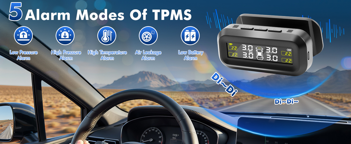 Car dashboard display showing TPMS (Tire Pressure Monitoring System) with 5 alarm modes. Device displays tire pressure readings. Image shows car interior and desert landscape through windshield.