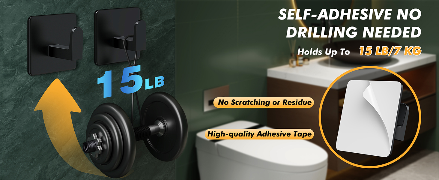 Heavy-duty hook holds up to 15 lbs, no drilling, no scratching or residue with strong adhesive tape