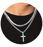 RANKEEF 2Pcs Layered Cross Necklace for Men Stainless Steel Cross Necklace Christian Cross Pendan...