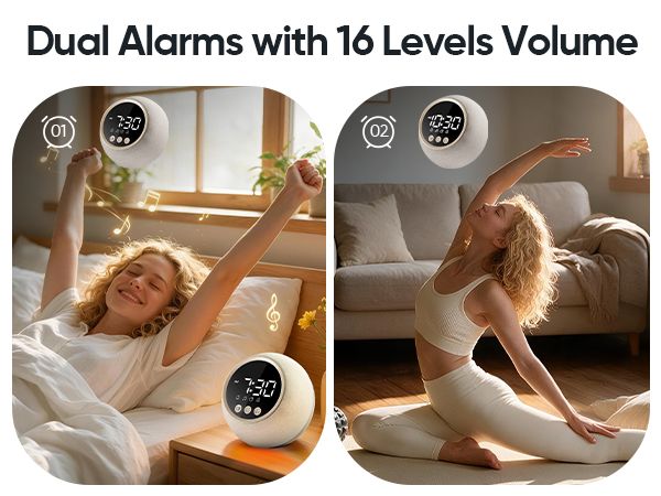 Text reads "Dual Alarms with 16 Levels Volume". Two side-by-side photos show person sleeping in bed with dual alarm clocks displayed on nightstand, demonstrating sleep functionality and dual alarm feature.