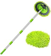 Series of bright neon green mop heads shown in sequence, demonstrating cleaning tool with extending handle against white background.
