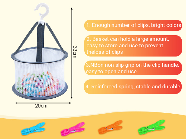 Product diagram showing features of a food storage clip system with clear clips in multiple colors. Text indicates features like 'silicon non-slip grip' and 'reinforced spring, stable and durable'.