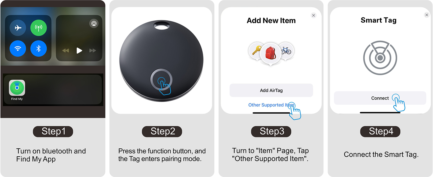 Four-step instruction guide for connecting a smart tag device, showing Bluetooth activation, pressing a button, adding a new item, and connecting the tag.