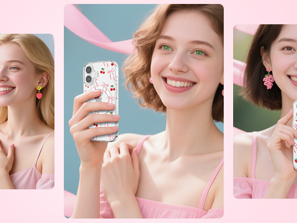 Three-panel composition showing smartphone usage in pastel pink and blue setting. Shows phone being held up displaying protective case design.