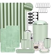 IMAVO Green Bathroom Accessories,Non Slip Super Absorbent Rugs and Waterproof Shower Curtain with...
