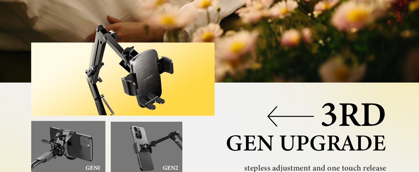 Adjustable smartphone mount with multiple positioning options. Shows device gripping a phone in landscape and portrait orientations.