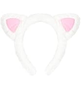 White Cat Ears Headband with Pink Inner Ears – Soft Plush Kitty Hair Accessory for Adults and Kid...