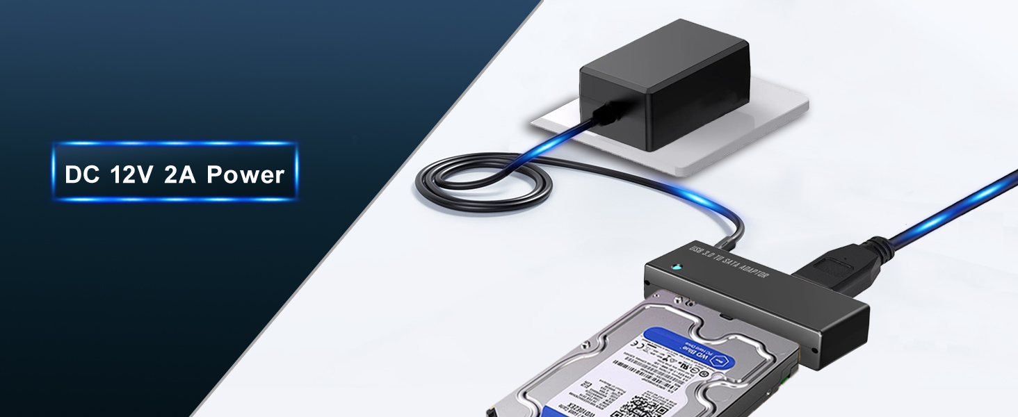 Text reads: 'DC 12V 2A Power'. Product image showing black power adapter with blue cable and connector interface.