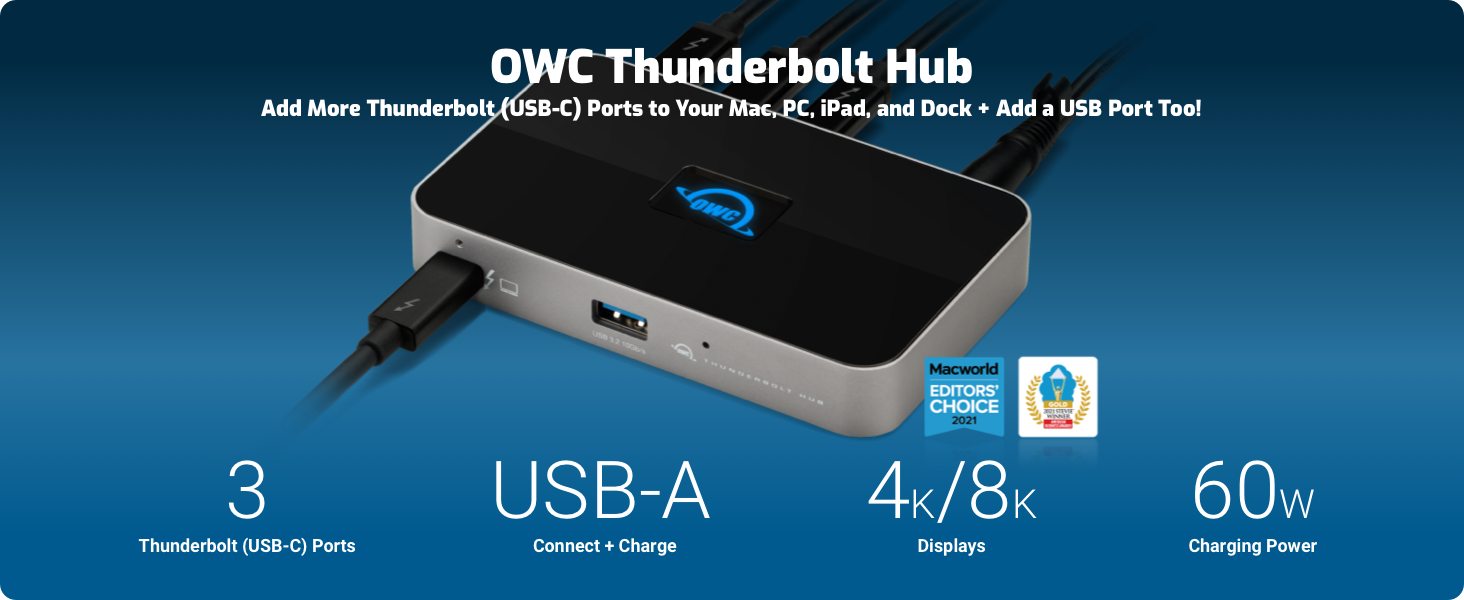 OWC Thunderbolt Hub with Three Thunderbolt 4 Ports and One USB Port for Thunderbolt 4 PC