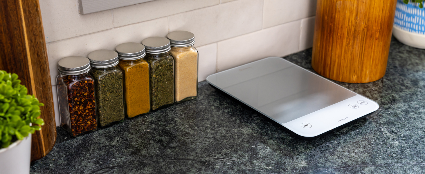 The scale’s slim design makes it easy to store on your countertop or in a drawer.