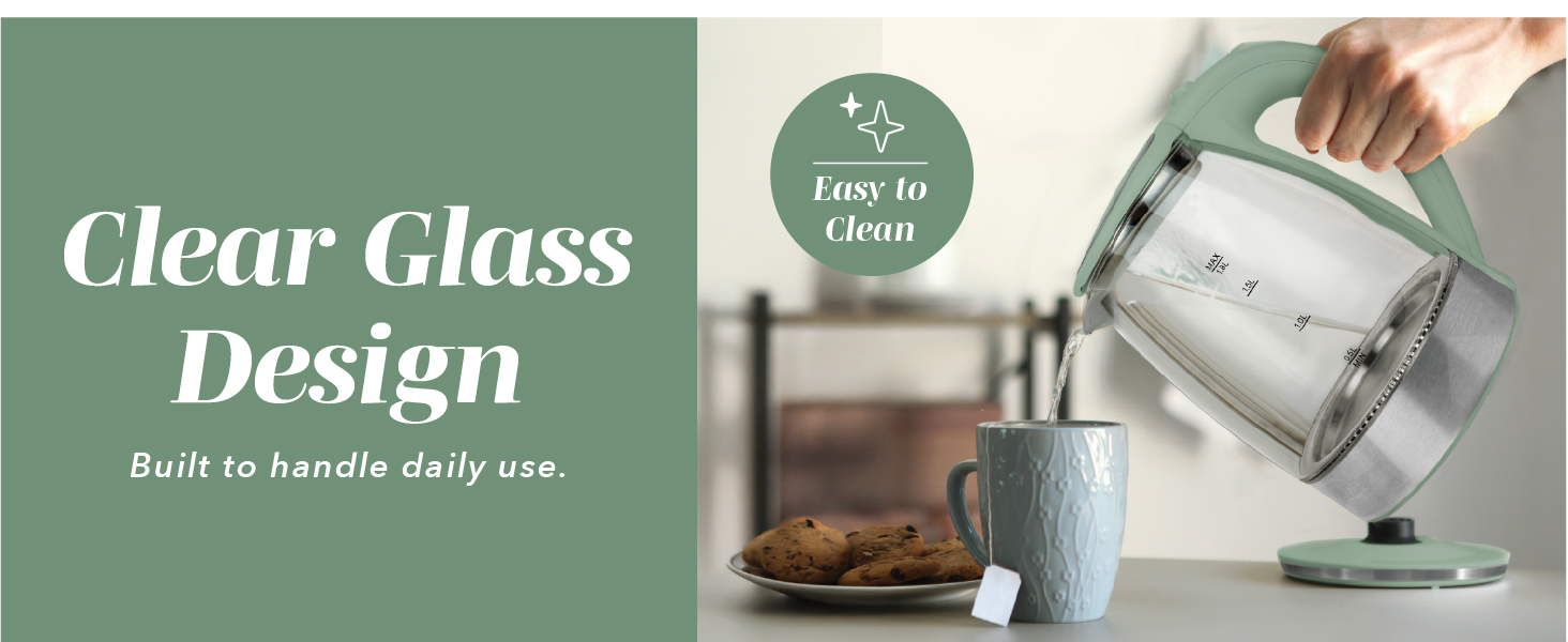 Elegant clear glass electric tea kettle showcasing water visibility while boiling.