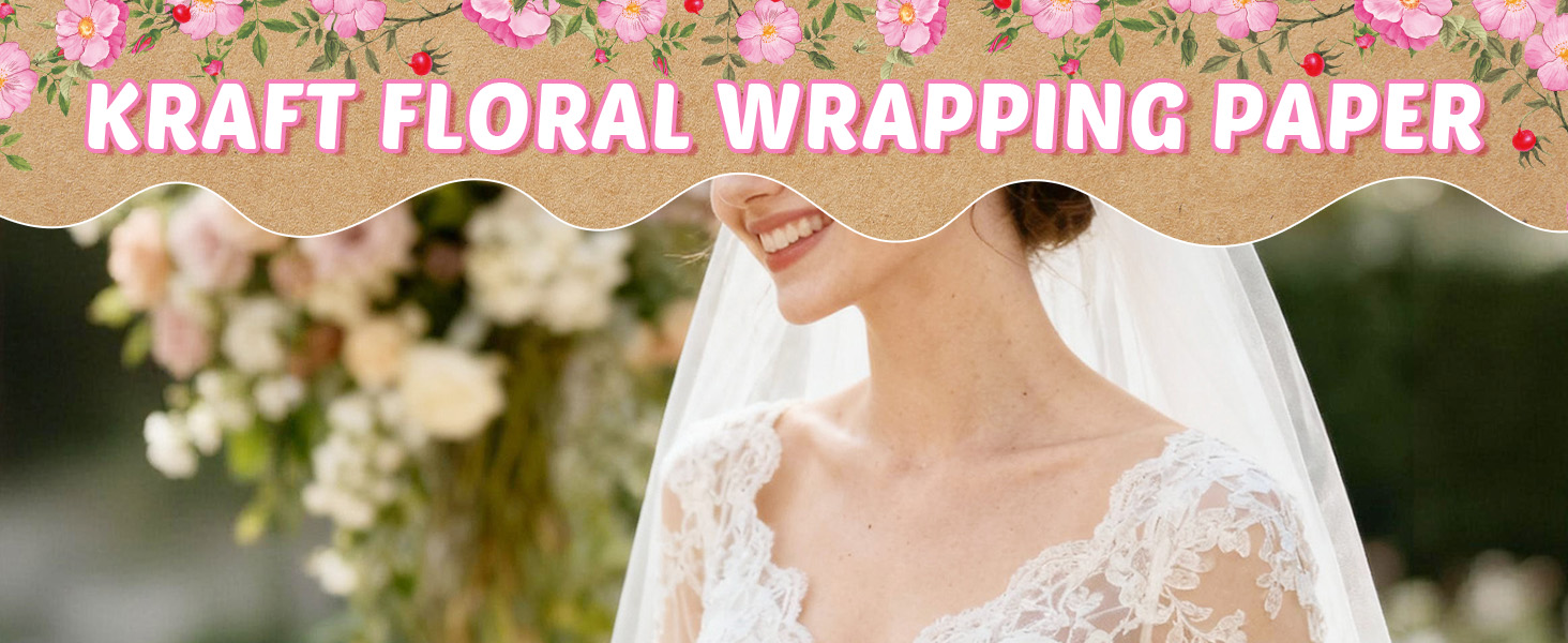Text reads 'KRAFT FLORAL WRAPPING PAPER'. Woman in white wedding dress holding bouquet of white flowers against floral background.