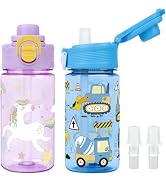 wooshwa Kids Water Bottle for School, 2-Pack 13 Oz Leakproof Toddler Straw Water Bottle with 2 Si...