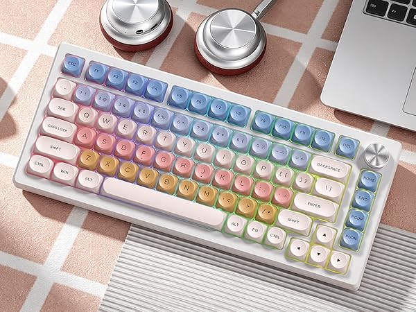 rainbow macaron color scheme keycaps with a jelly-like transparent layer