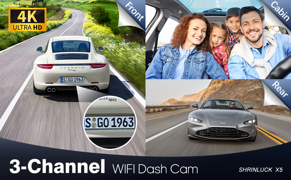 3-Channel WiFi Dash Cam product image showing multiple vehicle views: front road, interior cabin, and rear. 4K Ultra HD capability mentioned.