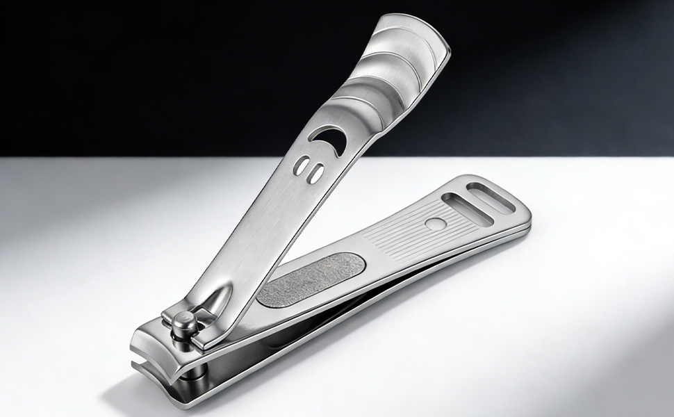 Stainless steel nail clipper with a smiley cutout and built-in nail file.