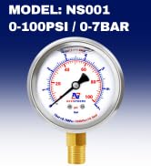 NexSphere 2-1/2" Liquid Filled Pressure Gauge, 0-100psi/0-7 Bar, 304 Stainless Steel Case, 1/4" N...