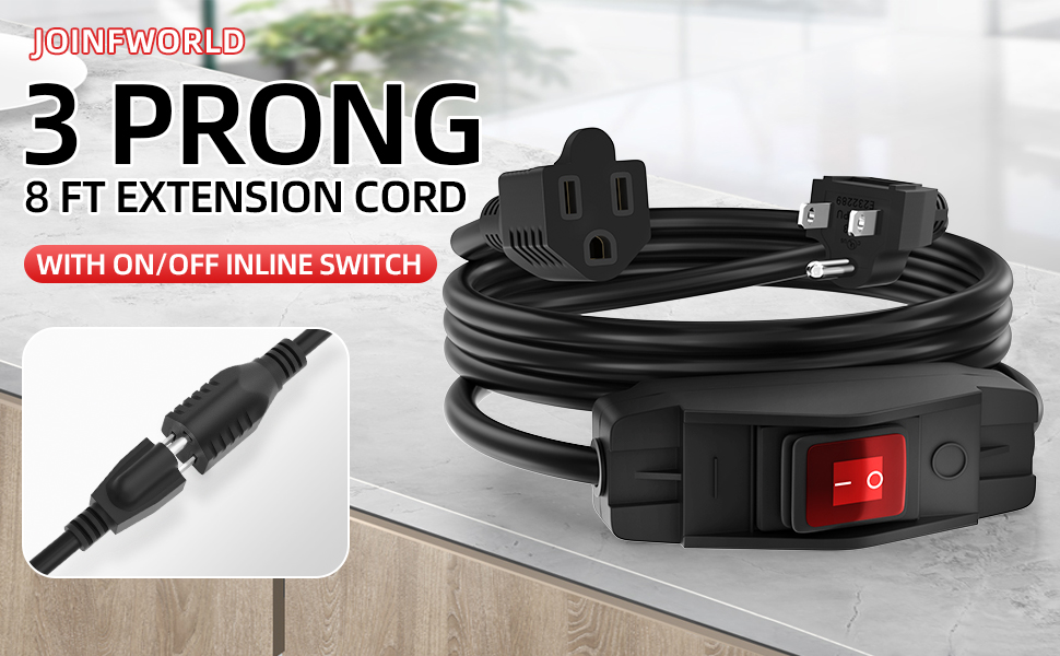 Switched Extension Cord 8 Ft Outdoor 3 Prong Extension Cord with Switch On Off Waterproof