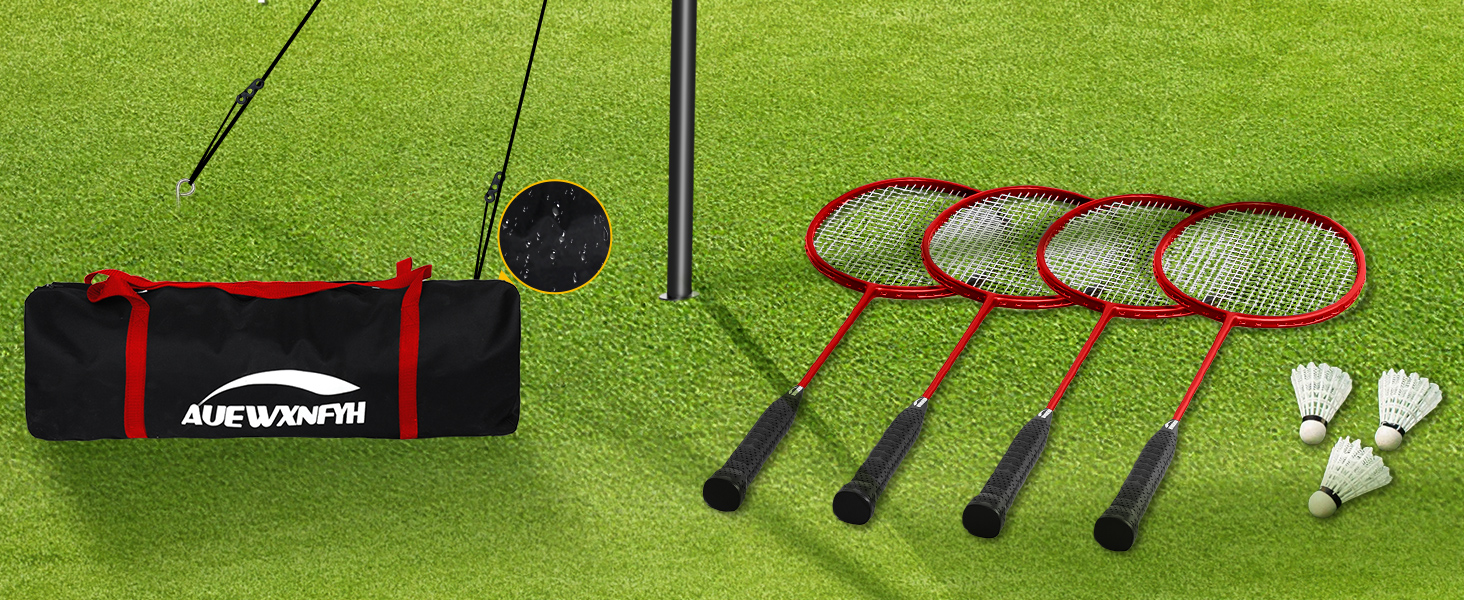 Complete badminton set: 4 rackets, 3 shuttlecocks, carry bag, and portable net system for outdoor.