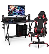 Tangkula Gaming Desk and Chair Set, Ergonomic E-Sport Gamer Desk &amp; Racing Chair Set w/Cup Holder,...