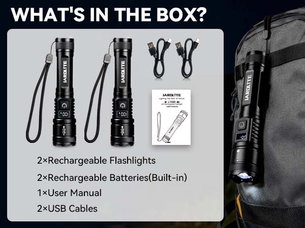 box includes 2 flashlights with batterties, 2 cables and 1 user manual
