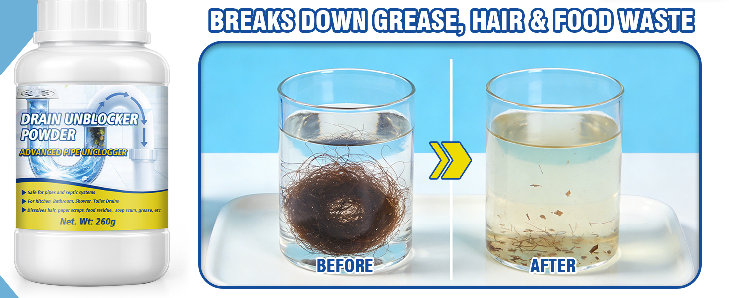 Regular use of drain cleaner powder keeps pipes clear of grease, soap scum, hair, and food