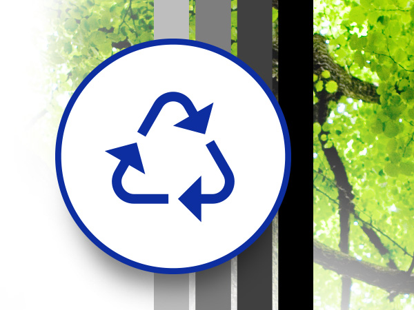 Brother recycling symbol overlaid over image of green tree canopy